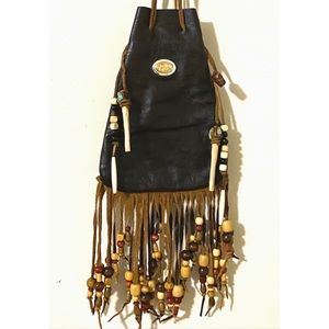 Handmade brown fringed leather pouch